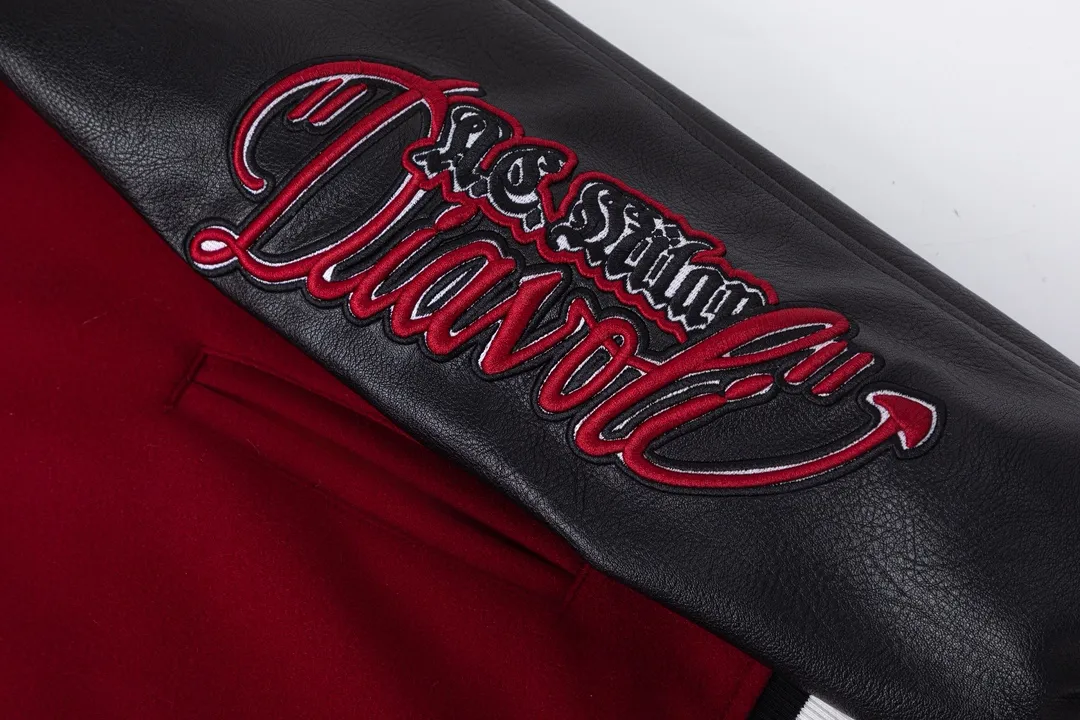 S69#P660, AC Milan offwhite25ss heavily embroidered leather baseball jersey, woolen fabric couple's jacket, black size: S M L XL